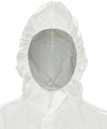 Close-up of Reflex Liquid And Particle Protection Coveralls Workhorse with respirator-fit hood, white, medium size.