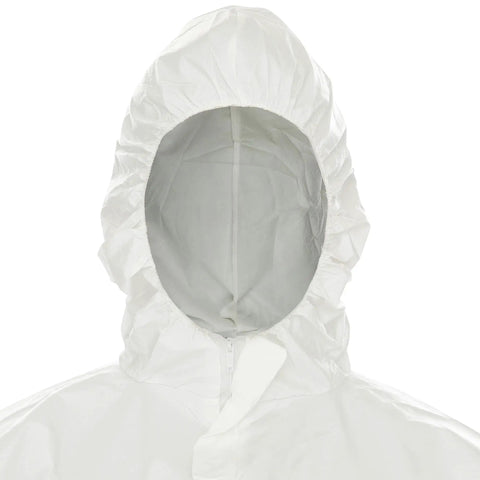 Close-up of Reflex Liquid And Particle Protection Coveralls Workhorse with respirator-fit hood, white, medium size.
