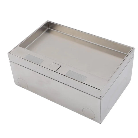 No Hassle Recessed Floor Electrical Outlet Kit Sporting Four Slick Power Sockets Forged From Heavy Duty Stainless Steel, open view.
