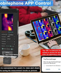 Portable Infrared Thermal Imaging Camera With USB Type C For Android Phone 32 By 32 Resolution Minus 20 To 1000 Celsius Range Real Time IR Imaging Handy TinyThermalImager App Upgrade From Google Play For Quick Field Scans, showing mobile app control interface and thermal imaging results on a laptop.