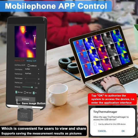 Portable Infrared Thermal Imaging Camera With USB Type C For Android Phone 32 By 32 Resolution Minus 20 To 1000 Celsius Range Real Time IR Imaging Handy TinyThermalImager App Upgrade From Google Play For Quick Field Scans, showing mobile app control interface and thermal imaging results on a laptop.