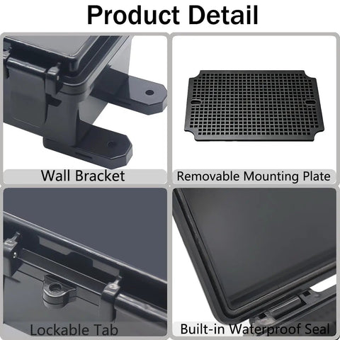Heavy Duty Waterproof Electrical Junction Box With Hinged Lid Rock Solid Ip67 Abs Project Enclosure showing wall bracket, lockable tab, and waterproof seal.
