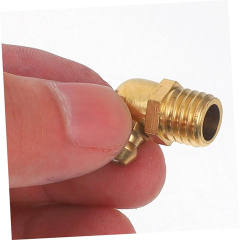 Person holding a brass SAE Zerk angled nozzle from Lock Clamp Type Grease Nozzle Kit With Brass Fittings SAE Zerk Straight Nozzles Angled Grease Tool Replacement For Cars Motorcycles Trucks Farms And Industrial Use Heavy Duty Feeds Bearing Without Disassembly
