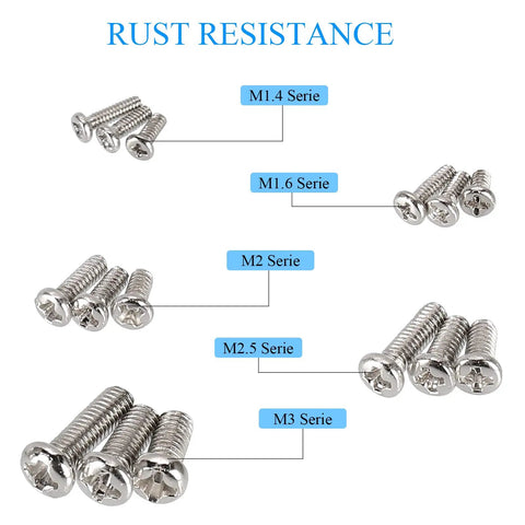 Massive 750 Piece Small Machine Screw Set M1.4 M1.6 M2 M2.5 M3 Phillips pan head tiny screws, nickel plated carbon steel kit