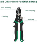 8-Inch Cable Cutters Wire Stripping Tool For Electricians All-In-One Multi-Tool With Cutting Stripping Crimping And Twisting Capabilities Built Tough In Durable CR-V Steel For Heavy-Duty Wiring, shown with wire stripping and crimping functions