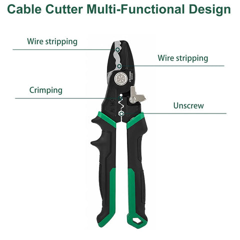8-Inch Cable Cutters Wire Stripping Tool For Electricians All-In-One Multi-Tool With Cutting Stripping Crimping And Twisting Capabilities Built Tough In Durable CR-V Steel For Heavy-Duty Wiring, shown with wire stripping and crimping functions