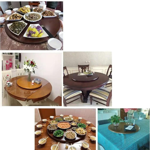27 Inch Wooden Lazy Susan Turntable With Smooth As Butter Spin Heavy Duty Round Serving Tray for tables with meals displayed.