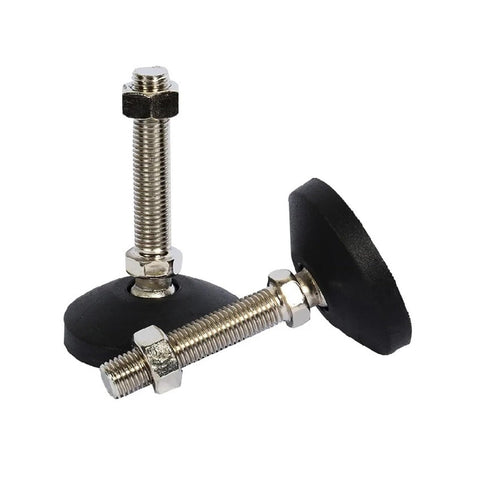 Adjustable Furniture Levelers With Swivel Feet Kick The Wobble Right Outta Sight Height Shifts From One Inch To Two Point Five Inches Heavy Duty Carbon Steel Shaft Blends With Non Slip Nylon Disc Packages Twenty Pieces For Quick Room Rehab showing two levelers with metal shafts and black nylon discs.