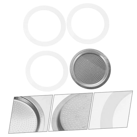 Espresso Maker Replacement Gaskets And Silicone Sealing Rings One Set For Coffee Pot Accessories Pro For Home Kitchen And Coffee Bar Barista Grade Silicone Seals That Fit Most Pots showing silicone rings and steel filter