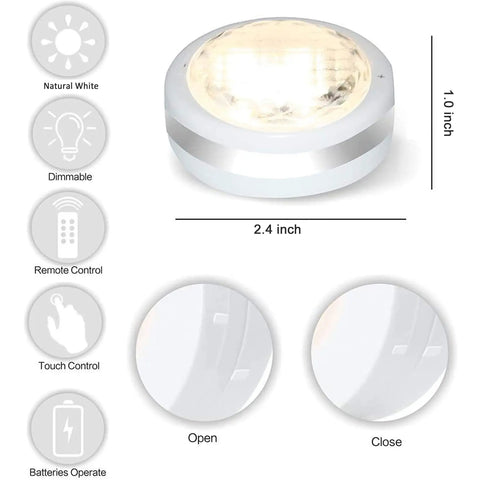 Wireless Led Puck Light With Remote Dope Battery Powered Under Cabinet Lighting Dimmable Timer 4000K White Easy Install For Kitchen And Closets With Easy Peel Adhesive Mounting