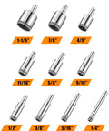 Diamond hole saw drill bit set, 10-piece, silver diamond-coated bits with various diameters labeled in orange.