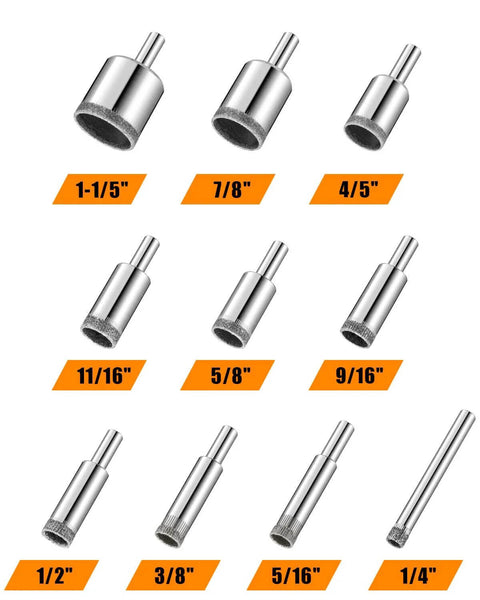Diamond hole saw drill bit set, 10-piece, silver diamond-coated bits with various diameters labeled in orange.
