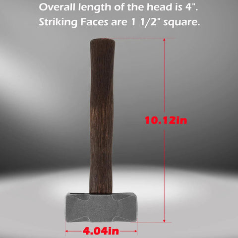 2.2Lb Double Faced Forging Square Hammer For Farrier Bladesmithing And Blacksmithing, shown with handle and head dimensions