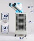 Heavy Duty Mobile Spot Cooler With Twin Duct For Indoor And Outdoor Use 10236 BTU Pro Grade R32 Refrigerant ETL Certified 110V Portable Cooling Solution front view showing twin ducts and dimensions