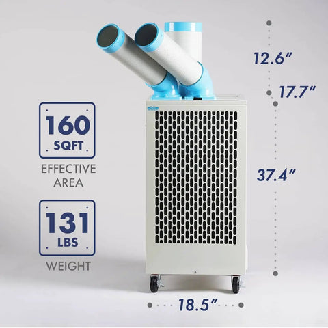 Heavy Duty Mobile Spot Cooler With Twin Duct For Indoor And Outdoor Use 10236 BTU Pro Grade R32 Refrigerant ETL Certified 110V Portable Cooling Solution front view showing twin ducts and dimensions