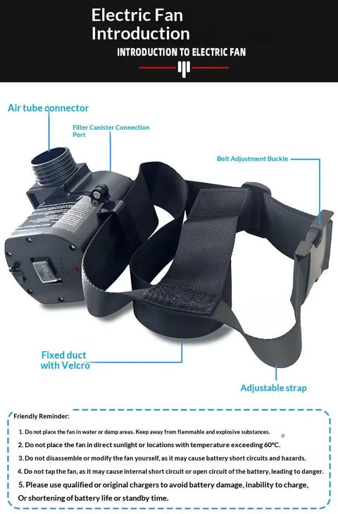 Electric fan unit with air tube connector, filter canister port, adjustable strap, and belt buckle for Dual Speed Rechargeable Powered Air Supplied Full Face Respirator With Long Tube Gas Mask For Paint Spraying Welding Chemicals Dust Fumes And Pesticides Industrial Grade Gear