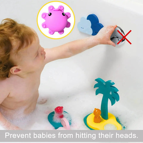 Child in bathtub with toys and deep pink silicone bathtub overflow drain cover with strong suction cups for extra water