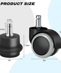 Game Changing Office Chair Bell Glide Casters Set Of Five Heavy Duty Fixed Feet Wheels Up To 1000 Pounds product size image showing dimensions.