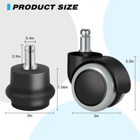 Game Changing Office Chair Bell Glide Casters Set Of Five Heavy Duty Fixed Feet Wheels Up To 1000 Pounds product size image showing dimensions.