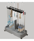 Versatile Mobile Commercial Mop Rack With Broom Holder And 8 Slots Cleaning Tool Cart For Housekeeping Supplies Wet Mop Drain Rack Garden Garage Organizer Built Tough Blue 92cm Storage Stand showing multiple cleaning tools organized neatly.