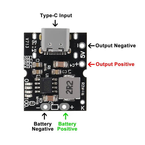 Type C USB Boost Converter Module Pack Six Pieces 5V 2A Output Boost Up Power with labeled input and output terminals.