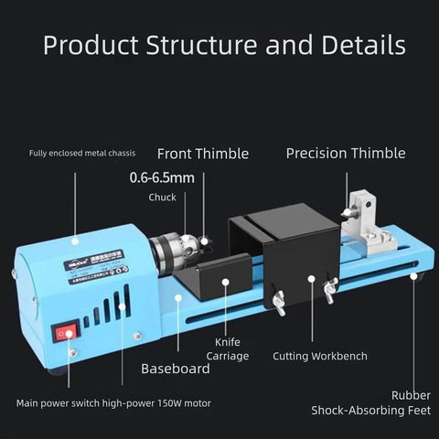Heavy Duty 150W Mini Lathe Machine Metal Woodworking, showcasing precision parts and construction details.
