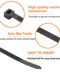 Close-up of black zip tie showing ratchet mechanism and design, part of 12 Inch Black Zip Ties 2000 Pack With 45 Lbs Tensile Strength Self Locking Nylon Cable Ties For Indoor And Outdoor Use UV Resistant Heavy Duty Cord Management Fasteners.