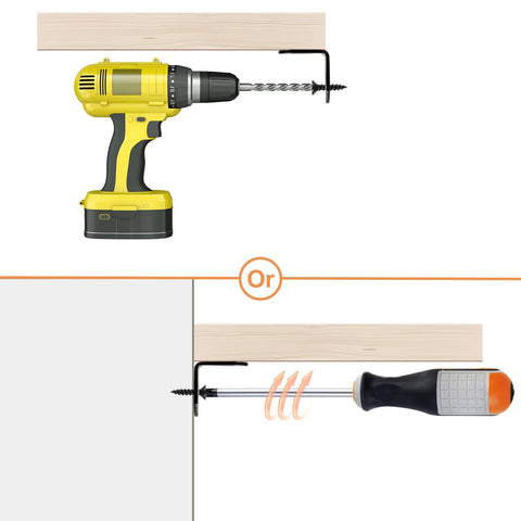 Installation of Stainless Steel L Bracket Corner Brace Set With 40 Pieces And 80 Screws shown with drill and screwdriver for furniture.