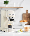 Barista Worthy Home Espresso Machine With 20 Bar Pressure, Stainless Steel Coffee Maker, Cream Finish on kitchen counter.