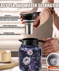 Vintage Floral Teapot With Built In Infuser And V Shaped Spout Stainless Steel, floral design, held by a person in kitchen setting