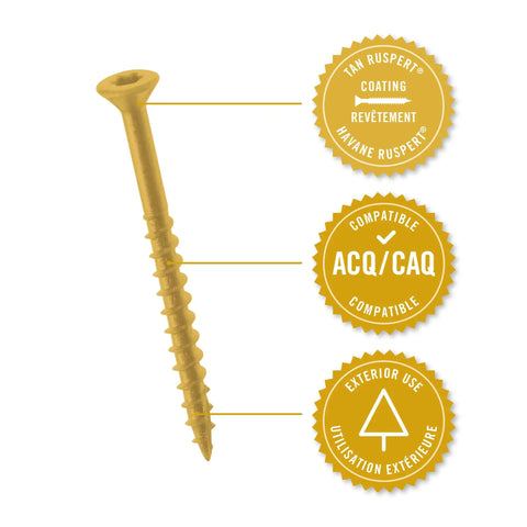 Job Site Hero Number 8 By 3 Inch Deck Screws With Torx Driving Head and Tan Rust Beating Coating For Tough Outdoor Builds 250 Count Pack Drops Right In, showing corrosion-proof design.