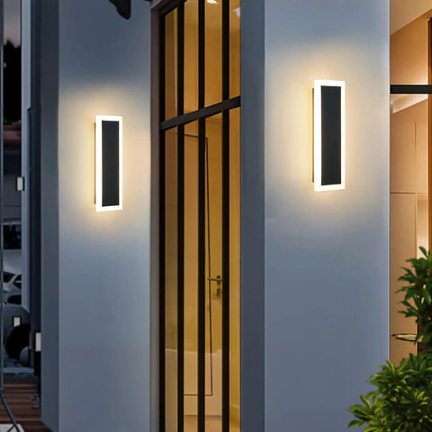 2 Pack Outdoor Wall Light LED 8W Long 11.8 Inch Black Metal Modern Exterior Lighting Fixture With Frosted Acrylic Waterproof Porch Sconce Brightens Patio Garage Front Door Entryway Hallway installed on modern home wall