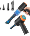 Air Duster And Mini Vacuum Cleaner For Keyboard Cleaning Cordless Canned Air Blower Portable PC Dust Eraser 110000 RPM Powerhouse 3 In 1 Multifunction Gadget For Laptops Desktops And Travel with nozzles and brush attachments shown.