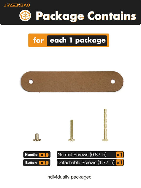 Package contents for Brown Leather Drawer Pulls 6 Pack For Kitchen Cabinets And Drawers, includes handle and screws.