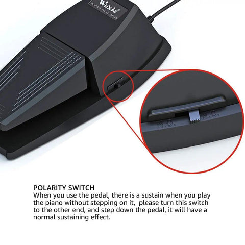 Universal Sustain Pedal For Digital Pianos And MIDI Keyboards, Non Slip Wide Slope Foot Pedal With Polarity Switch close-up.