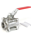 Built Tough One Quarter Inch FNPT 3 Piece Ball Valve In 304 Stainless Steel With Red Handle For Industrial Piping And Flow Control