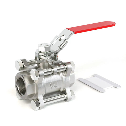 Built Tough One Quarter Inch FNPT 3 Piece Ball Valve In 304 Stainless Steel With Red Handle For Industrial Piping And Flow Control