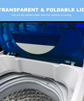 Transparent and foldable lid of No Sweat Super Compact 1.34 Cu Ft Portable Washing Machine, showcasing laundry inside.