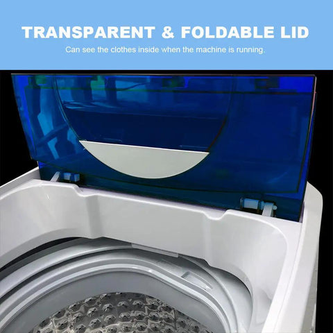 Transparent and foldable lid of No Sweat Super Compact 1.34 Cu Ft Portable Washing Machine, showcasing laundry inside.