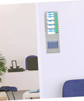 Heavy Duty Material Card Holder Rack For Office Document Organization mounted on a wall, grey steel with time card slots.
