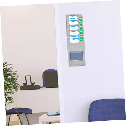 Heavy Duty Material Card Holder Rack For Office Document Organization mounted on a wall, grey steel with time card slots.