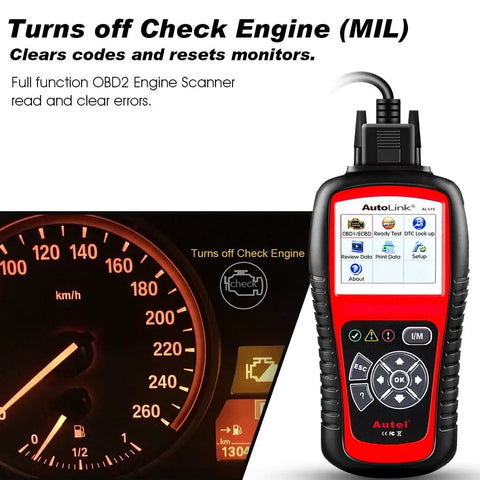 AL519 OBD2 Scanner Pro Car Diagnostic Tool with speedometer panel detail, used to clear codes and check engine light.