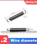 Stainless Steel Tension Springs Set, 5 Piece Heavy Duty Extension Hook Wire 1.2mm Diameter 65mm long spring shown with measurements.