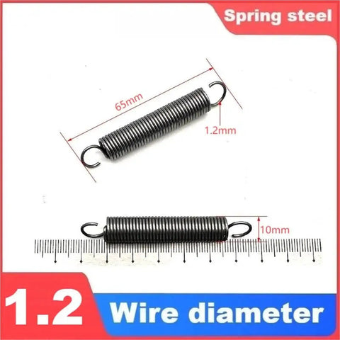 Stainless Steel Tension Springs Set, 5 Piece Heavy Duty Extension Hook Wire 1.2mm Diameter 65mm long spring shown with measurements.
