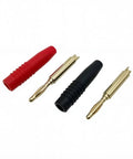 Heavy Duty Brass Banana Plug Connectors For Audio Speaker Wire Rock Solid And Plug And Play Setup with red and black connectors.