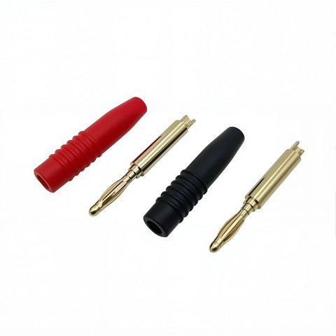 Heavy Duty Brass Banana Plug Connectors For Audio Speaker Wire Rock Solid And Plug And Play Setup with red and black connectors.