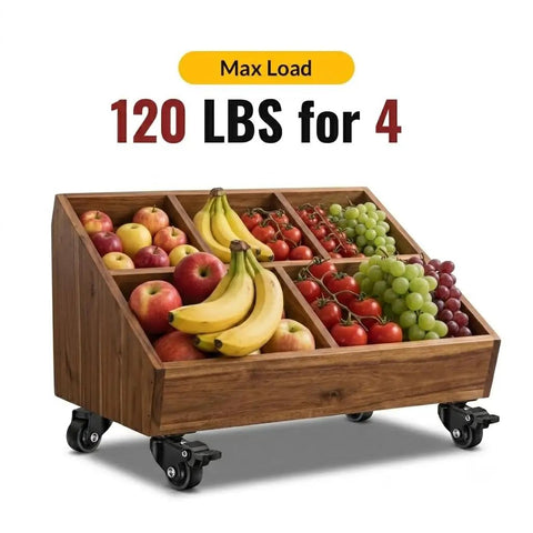 Low Profile One Inch Caster Wheels For Furniture Set Of Four Big Time Mobility With Zero Fuss TPR Rubber Cabinet Casters Floor Safe Black Design displayed on a wooden fruit cart.