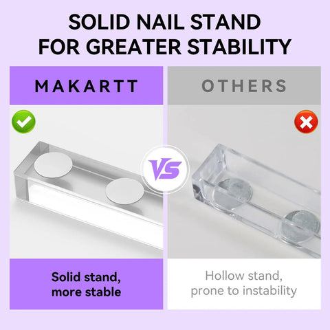 Comparison of solid and hollow nail stands. Holographic Nail Stand Kit for Press On Nails with Magnetic Holder shown as solid, stable option.