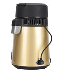 4 Liter Water Distiller With Glass Carafe And Stainless Interior Auto Shut Off in gold with black top, side view, home hydration appliance.