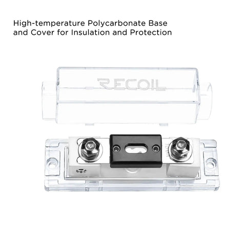 Inline ANL Fuse Holders 150 Amp, Dual Pack With Reducers, 0/2/4 Gauge In And Out, Includes 2 X 150A Fuses, Zinc Die Cast, Marine Grade Satin Chrome Finish, High Temp Polycarbonate Base, front view